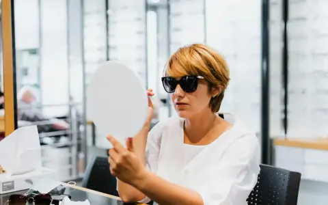 Kobieta w okularach do noszenia na co dzień przymierza nowe okulary w salonie optycznym, patrząc w lusterko.