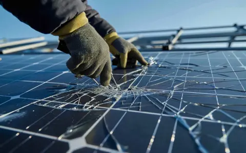 Mains gantées inspectent un panneau solaire cassé, les éclats de verre brillant sous le soleil.
