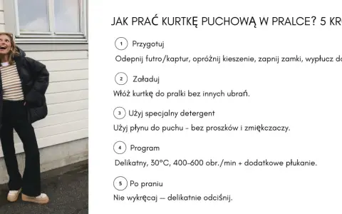 Kobieta z flagą Norwegii pokazuje, jak prać kurtkę puchową w pralce. Instrukcja krok po kroku.