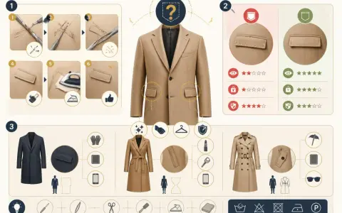 Illustration d'un manteau beige avec des étapes de couture et des icônes de mode.