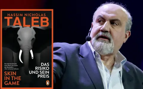 Nassim Nicholas Taleb, Autor von "Skin in the Game", spricht. Sein Buch "Das Risiko und sein Preis" wird auf der linken Seite gezeigt.