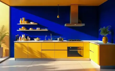 Cuisine aux murs bleu majorelle éclatant et meubles jaunes vifs. Des étagères chargées de vaisselle, une plante verte et un plan de travail moderne.