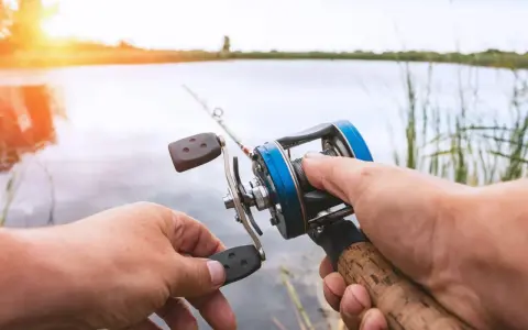 Ręce trzymające kołowrotek spinningowy. Długość wędki na spinning jest kluczowa dla komfortu łowienia.