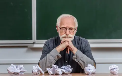 Zamyślony adiunkt, kto to? Siedzi przy biurku, przed nim pogięte kartki.