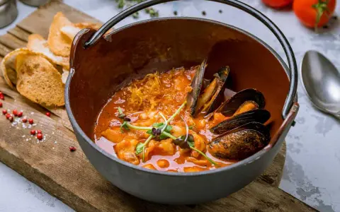 Un delicioso suquet de peix, con mejillones y gambas en una cazuela de barro, acompañado de tostadas.