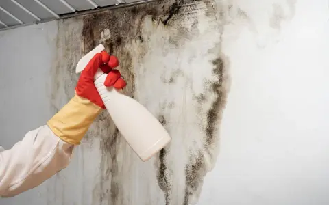 Mano con guanti che spruzza un prodotto su un muro ammuffito, per misurare l'umidità e combattere il problema.
