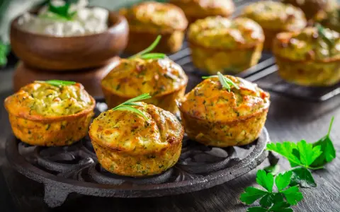 Deliziosi tortini di zucchine dorati, guarniti con rosmarino, su un piatto di ghisa. Sullo sfondo, una ciotola di formaggio fresco.