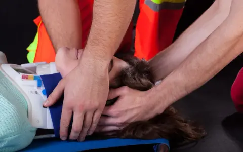 Ratownicy medyczni stabilizują głowę i szyję poszkodowanego, zakładając kołnierz ortopedyczny. Pierwsza pomoc przy urazach kręgosłupa jest kluczowa.