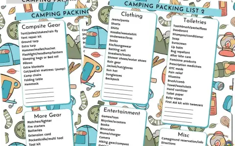 A camping packing list with categories like Campsite Gear, Clothing, Toiletries, Entertainment, More Gear, and Misc. This free camping checklist helps organize everything needed for an outdoor adventure.