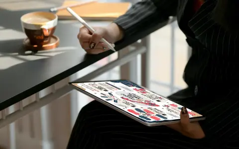 Kobieta z kawą i tabletem, na którym widać schemat dotyczący pracy w Norwegii.