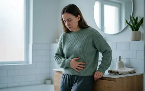 Kvinna med handen på magen, känner obehag som kan kopplas till mykoplasma i underlivet.