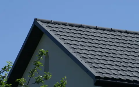 Szary dach z dachówki ceramicznej pod błękitnym niebem, z fragmentem ściany domu i gałęziami drzew.