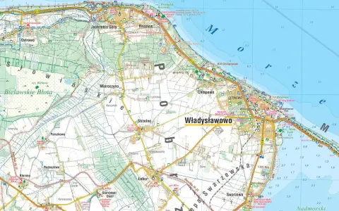 Mapa turystyczna przedstawiająca zachodnie wybrzeże Bałtyku z zaznaczonymi miejscowościami jak Władysławowo, Jastrzębia Góra i Rozewie.