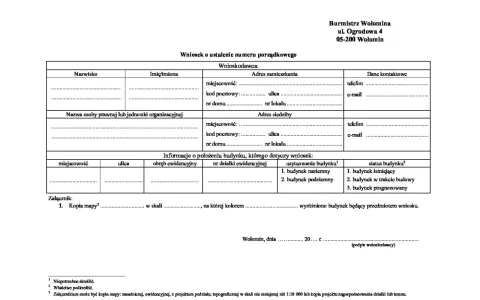 Wniosek o nadanie numeru domu. Formularz zawiera dane wnioskodawcy, adres zamieszkania i siedziby, informacje o położeniu budynku oraz załączniki.