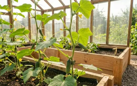 Gurkplantor i växthus med små gurkor och gula blommor. Det är dags att toppa gurkplantor för att främja tillväxt.