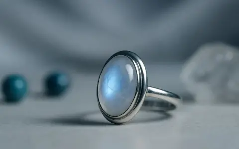 Anello con pietra di luna, che evoca le sue proprietà mistiche e calmanti.