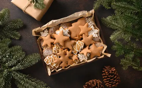 Last minute weihnachtsgeschenke selber machen: Eine Schachtel voller liebevoll verzierter Lebkuchen in Stern- und Baumform, umgeben von Tannenzweigen und Kiefernzapfen.