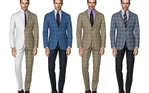 Four men model different suit combinations. One suit features dark green plaid, another is blue plaid, and a third is a tan plaid.