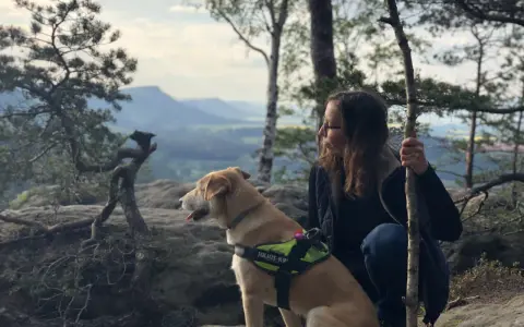 Wspaniałe widoki na górach z psem. Pies w kamizelce Julius-K9 patrzy w dal, a jego pani opiera się o drzewo.