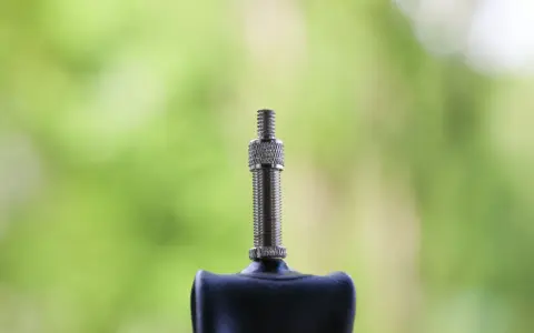 Wentyl Dunlop jak pompować? Zobacz zbliżenie metalowego wentyla rowerowego na tle zieleni.
