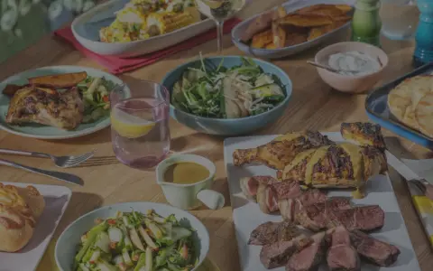 Leckeres Grillbuffet mit Hähnchen, Steak, Maiskolben und Salaten. Perfekte Grillbuffet Ideen für den Sommer.