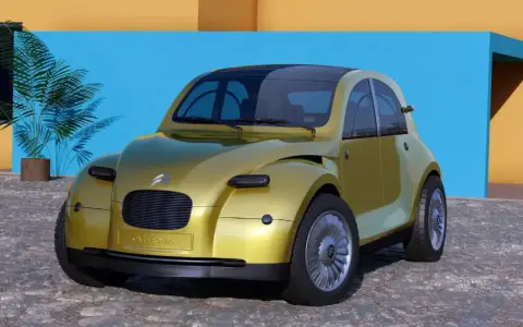 Un Citroën 2CV 2026 futurista, color dorado, con techo panorámico, frente a una pared azul y amarilla.