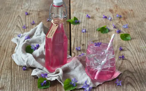 Flasche mit Veilchensirup und ein Glas mit Eis und Veilchenblüten auf Holzhintergrund.