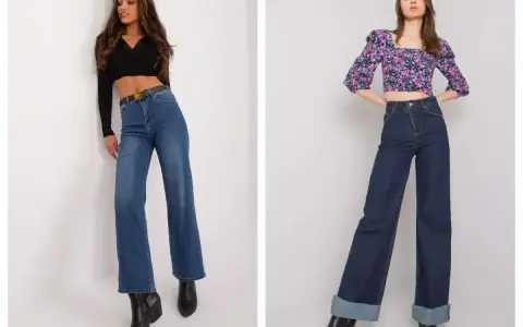 Dwie kobiety prezentują modne stylizacje z jeansami. Jedna w jasnych dzwonach i czarnym topie, druga w granatowych szerokich jeansach i kwiecistej bluzce.