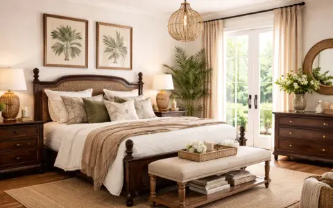 Dormitorio con cama de madera oscura, cabecero de ratán y cuadros de palmeras, evocando un acogedor estilo colonial.