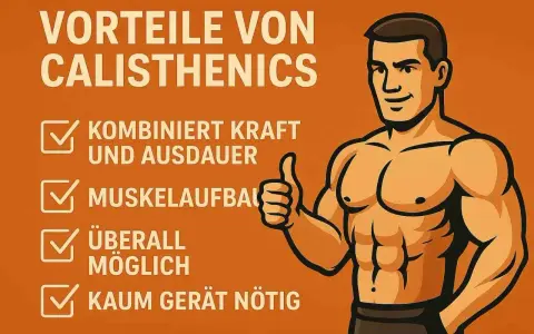 Vorteile von Calisthenics: Muskelaufbau, Kraft & Ausdauer, überall möglich, kaum Gerät nötig. Ein muskulöser Mann gibt Daumen hoch.
