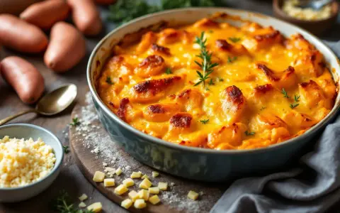 Un délicieux gratin patate douce doré et gratiné, garni de romarin frais. Des patates douces crues et du fromage râpé sont disposés autour.
