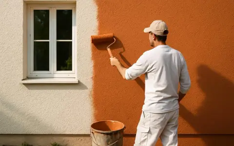 Un homme peint un mur extérieur d'une maison en orange vif avec un rouleau. Le crépi au rouleau donne une texture intéressante.