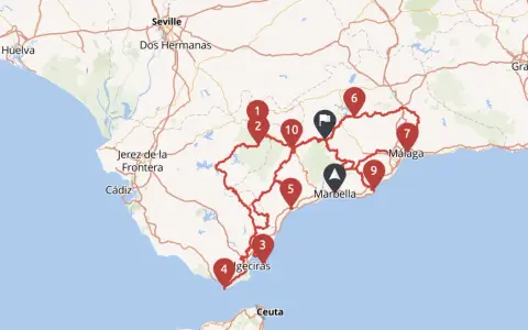 Mapa z zaznaczonymi punktami na trasie po Andaluzji. Zobacz, co warto zobaczyć w regionie, od Sewilli po Malagę.