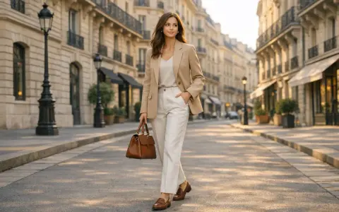 Mujer con estilo old money verano, paseando por una calle parisina con un traje beige y bolso marrón.