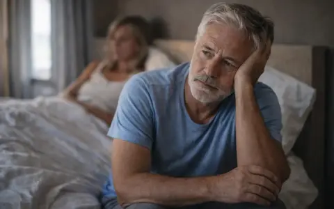 Un homme âgé, le visage pensif, se demande pourquoi ma libido est en berne, tandis qu'une femme est assise dans le lit derrière lui.