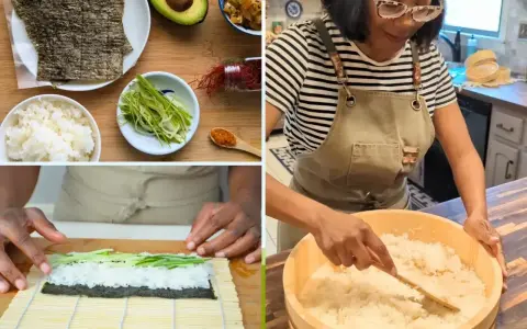 Przygotowanie ryżu do sushi: składniki, zwijanie rolki i mieszanie ryżu w drewnianej kadzi.