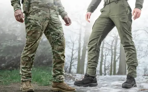 Dwóch mężczyzn w spodniach ripstop, jeden w kamuflażu, drugi w zielonych, na tle zimowego lasu.