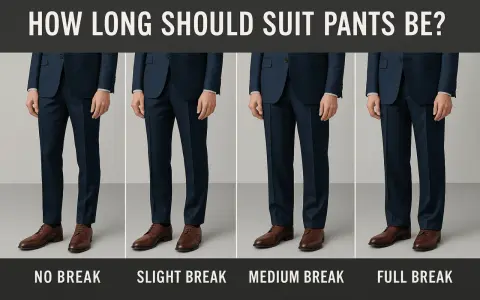 Four men's suits show how long should dress pants be, from no break to full break, illustrating pant hem length.
