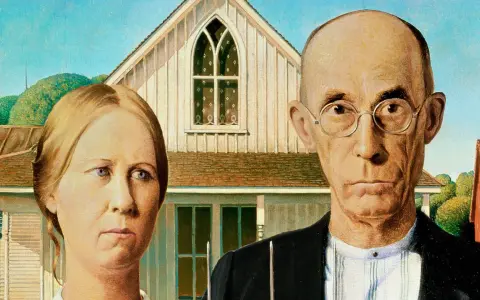 A farmer and his wife stand stoically before their farmhouse, a classic American Gothic painting.