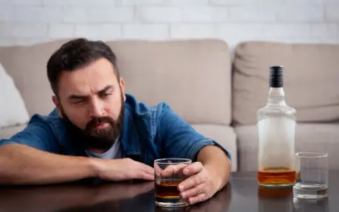 Mężczyzna z zarostem patrzy na szklankę z alkoholem, widoczne objawy uzależnienia. Obok pusta butelka i kolejna szklanka.