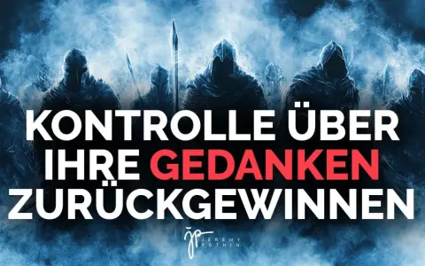 Dunkle Gestalten mit Rüstungen und Waffen stehen im Nebel. Text: "Kontrolle über Ihre Gedanken zurückgewinnen". Ein Kampf wie in Epheser 6,12.