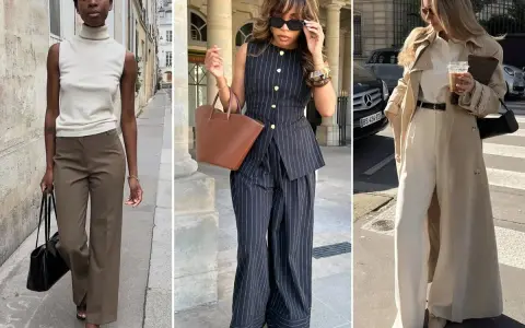 Tre donne sfoggiano un elegante outfit ufficio: pantaloni a palazzo, gilet gessato e trench.