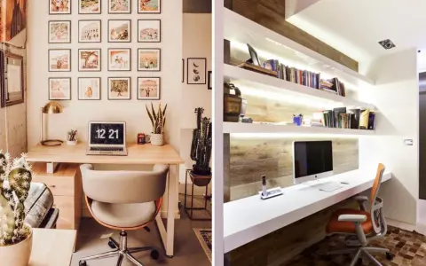 Deux bureaux modernes pour une **idée déco bureau travail** : l'un avec des photos encadrées et une plante, l'autre avec des étagères lumineuses et un ordinateur.
