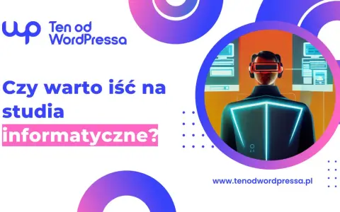 Mężczyzna w goglach VR przed ekranami, pytanie "Czy warto iść na studia informatyczne?".