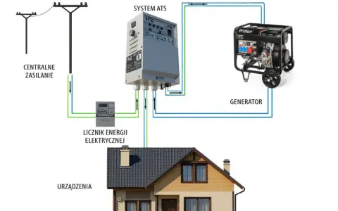 Schemat automatycznego przełącznika (ATS) z generatorem, pokazujący jak uzyskać czysty sinus z agregatu. Zasilanie z sieci, licznik, system ATS i generator podłączone do domu.