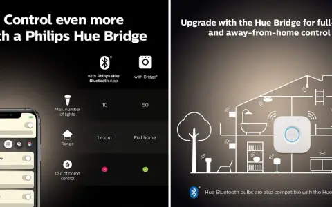 En iPhone-skärm visar Philips Hue-appen med ljuskontroller. Till höger visas en illustration av ett hus med en Hue Bridge som styr lampor i hela hemmet, även fjärrstyrt.