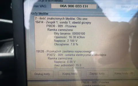 Błąd DTC P0036 Audi: przerwa w obwodzie grzejnym sondy 1. Zapisane dane ramki zamrożonej.