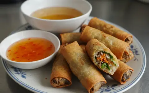 Chrupiące spring rolls z warzywnym farszem, podane z dwoma sosami. Idealne na przekąskę.