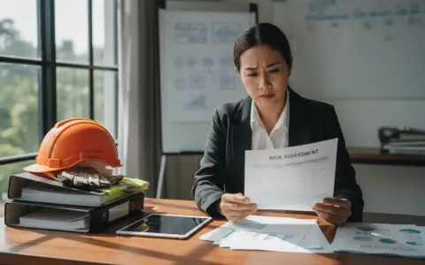 Une femme examine un questionnaire "Risk Assessment", peut-être pour un questionnaire risque pro AMELI. Casque de chantier et gants à proximité.