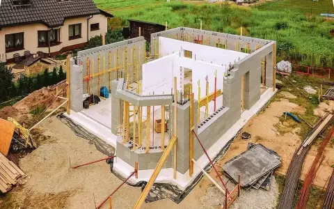 Budowa domu ze styropianu w toku. Ściany z bloczków betonowych i białego styropianu, zbrojenia i drewniane podpory.